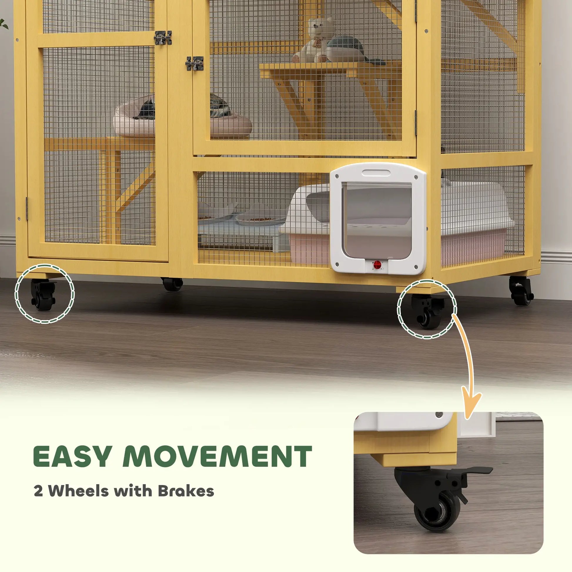 Wooden Cat Condo on Wheels, Cat Flap Door, Hammock, Openable Top, 2 Cats, Yellow Outdoor Cat Enclosures at Gallery Canada