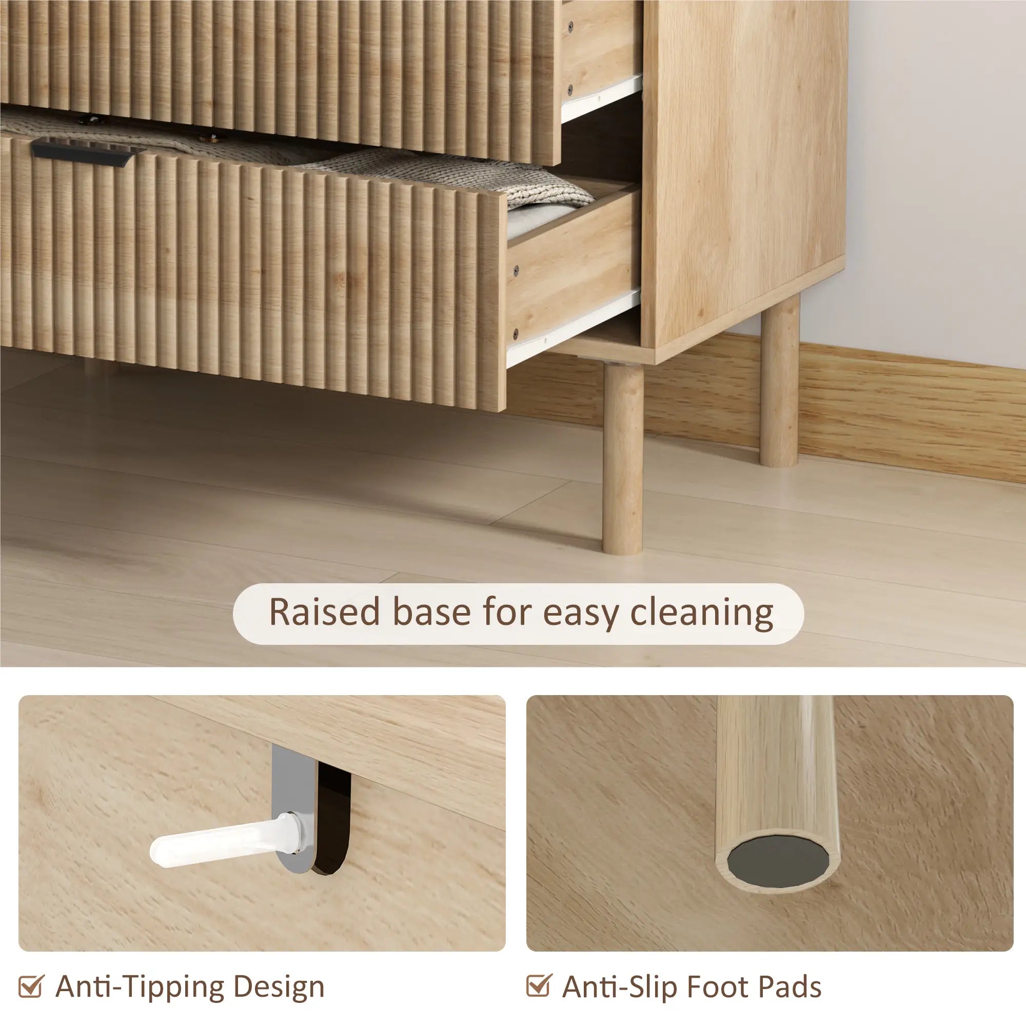 3 Drawer Dresser, Fluted Panels, Solid Wood Legs, Oak Storage Cabinets at Gallery Canada