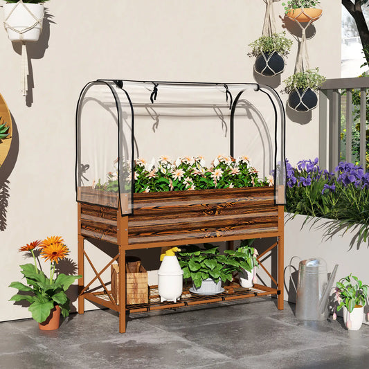 Metal Raised Garden Bed With Cover, 48 Inch, Dark Brown Elevated Garden Beds Dark Brown Wood Effect, Clear at Gallery Canada