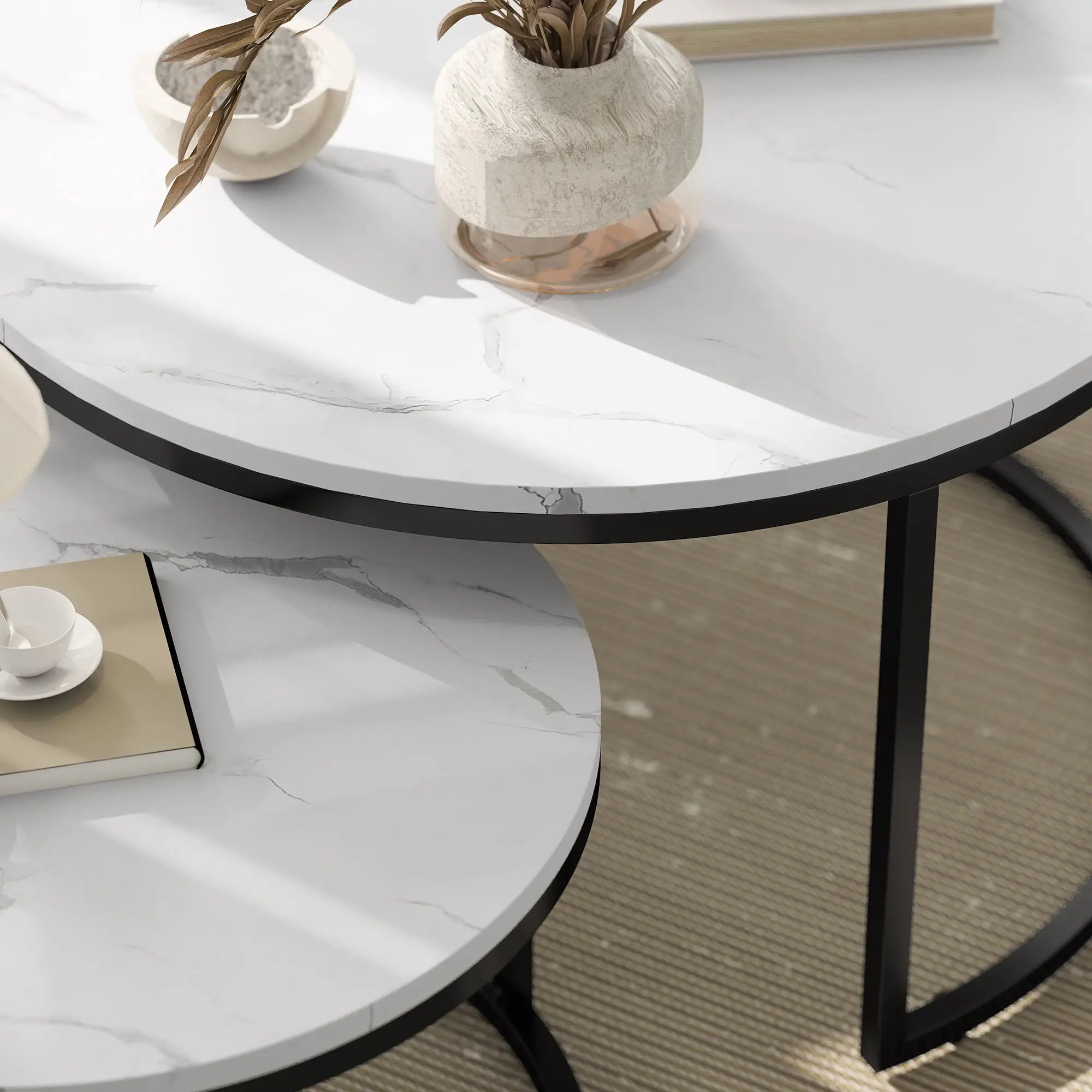 Modern Coffee Table Set of 2, Nesting Side Tables, Metal Base, Faux Marbled, White Coffee Tables at Gallery Canada