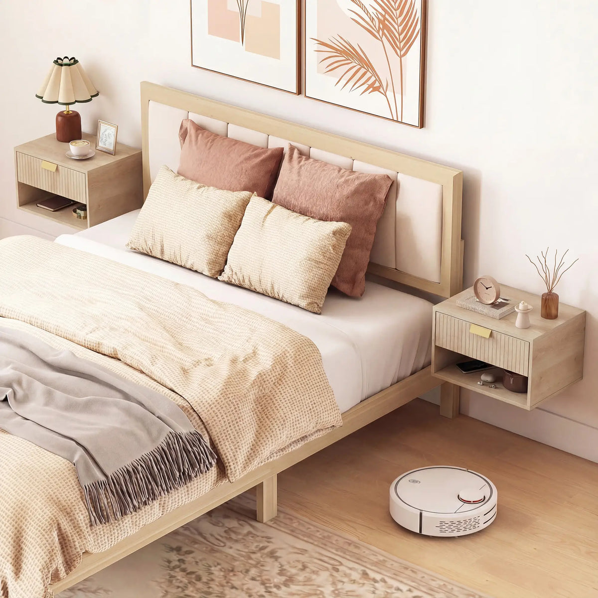Set of 2 Wall Mounted Bedside Tables, Oak Floating Nightstands, Oak