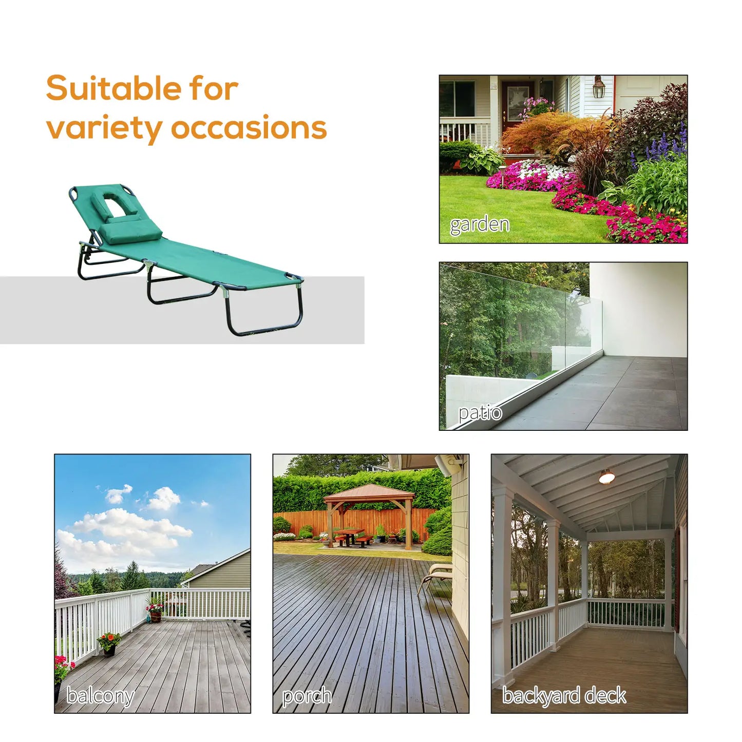 Folding Outdoor Lounge Chair, Portable Reclining Beach Lounger, Detachable Pillow, 3-Position Adjustable, Green Lounger Chairs at Gallery Canada