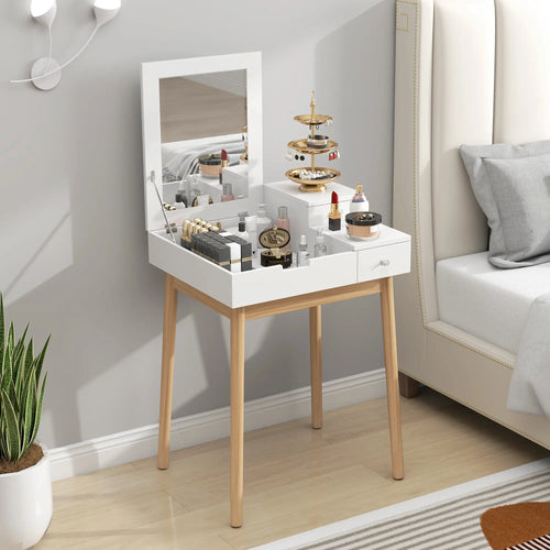 Modern Makeup Vanity Table, Flip-Up Mirror, 2 Drawers, White