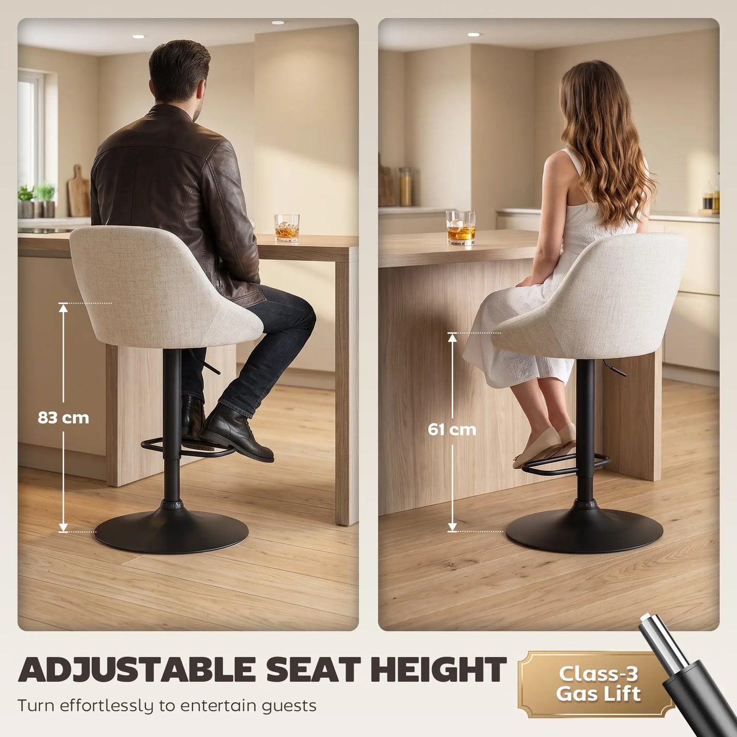 Tabourets de bar pivotants hauteur comptoir Lot de 3, Blanc cassé