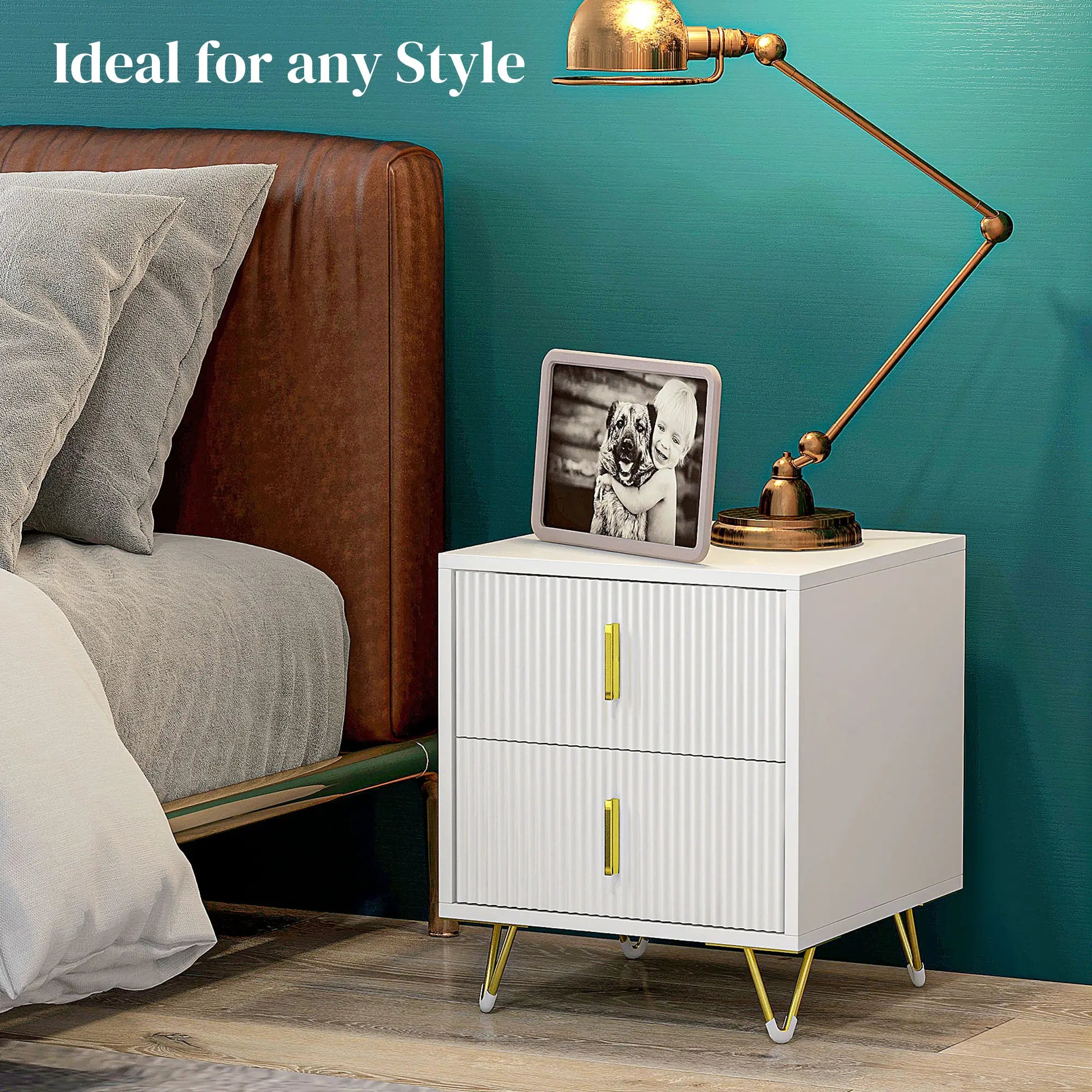 Modern Nightstand, 2 Drawers, Metal Legs, Bedroom Living Room, White Bedside Tables at Gallery Canada