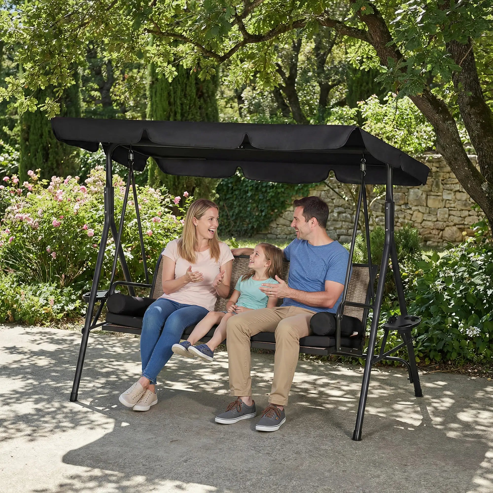 Outdoor 3-Seat Porch Swing, Rattan Seat, Removable Cushion Patio Swings with Stand at Gallery Canada