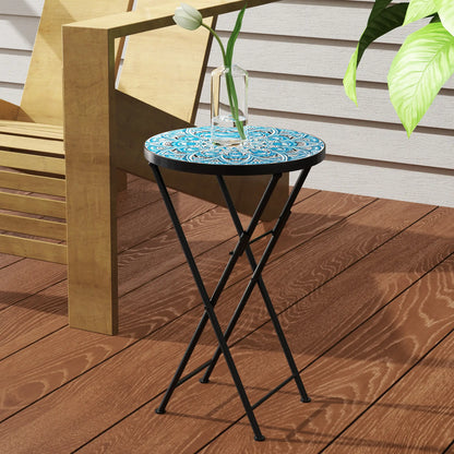 Mosaic Outdoor Patio Side Table, 14" Round, Steel Frame, Blue Patio Side Tables at Gallery Canada