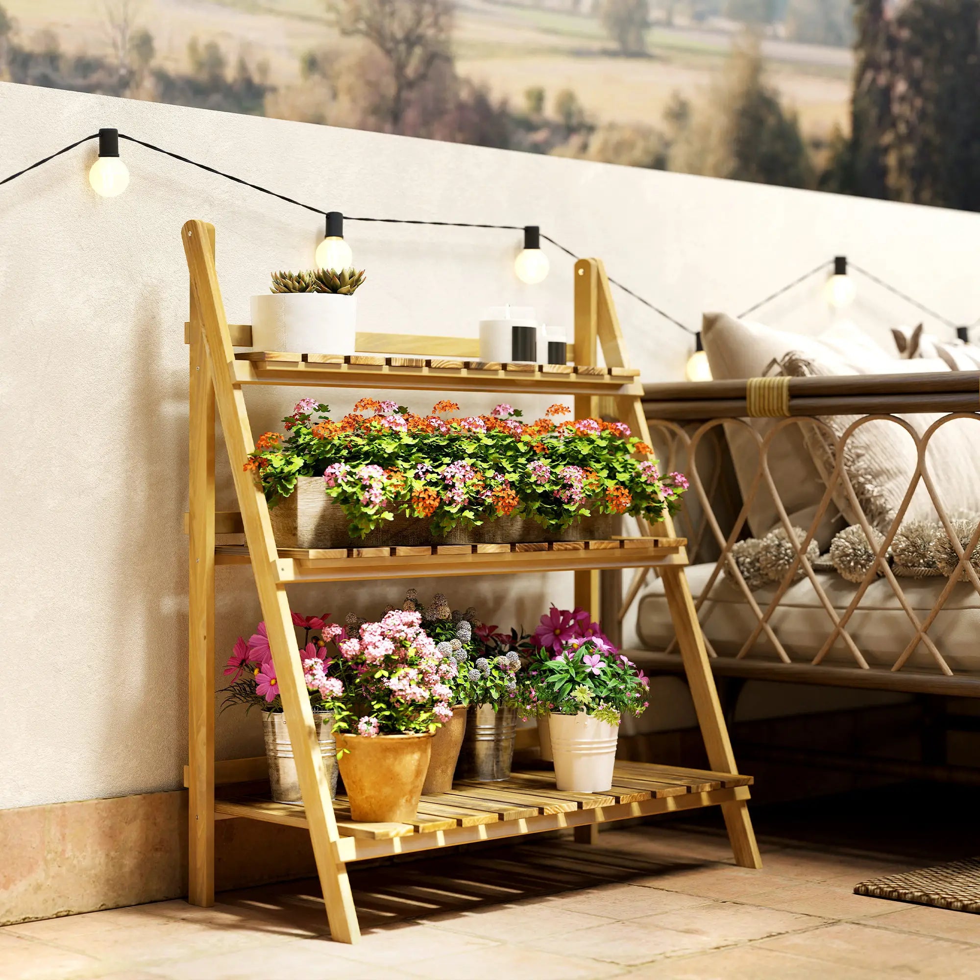Foldable 3-Tier Wooden Plant Shelf, Outdoor Plant Stands at Gallery Canada