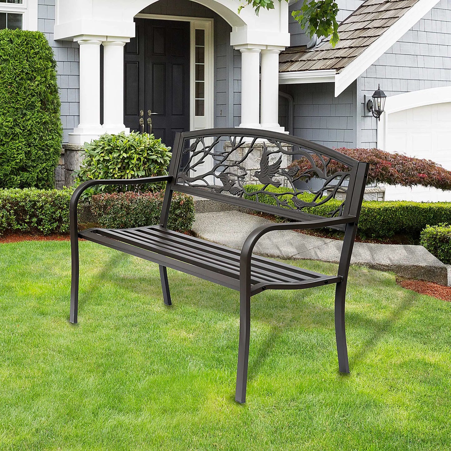50 Garden Bench, Outdoor Loveseat, Vintage Bird Pattern, Cast Metal, Brown Outdoor Benches at Gallery Canada