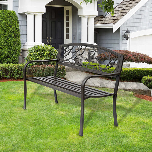 50 Garden Bench, Outdoor Loveseat, Vintage Bird Pattern, Cast Metal, Brown