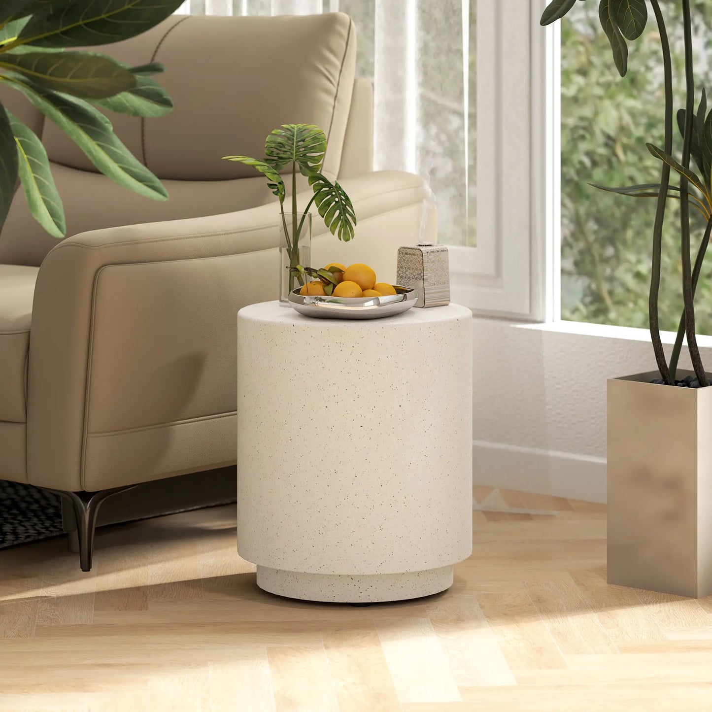 Terrazzo Finish Side Table, 17" Round, White, Cream Side Tables at Gallery Canada
