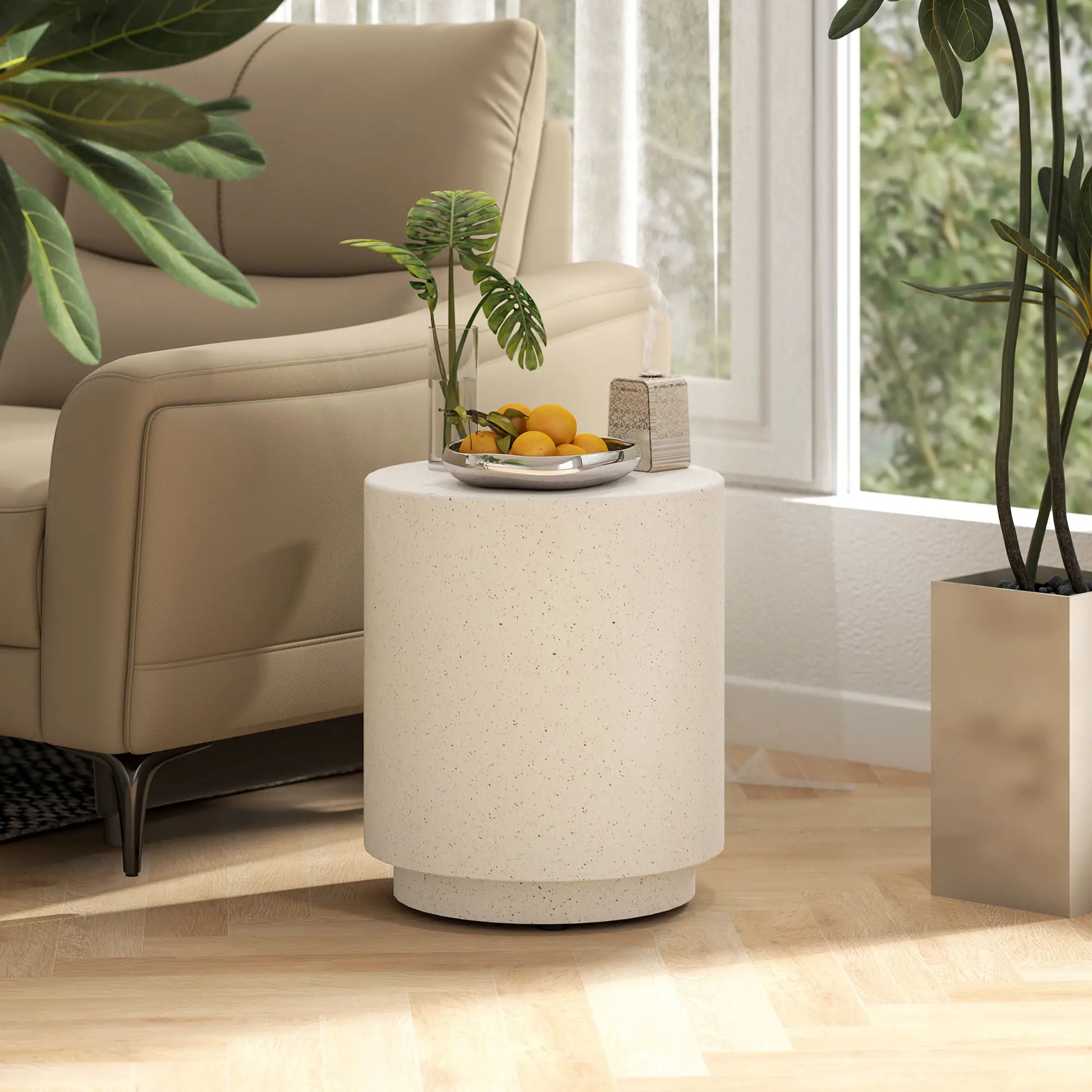 Terrazzo Finish Side Table, 17" Round, White, Cream Side Tables at Gallery Canada