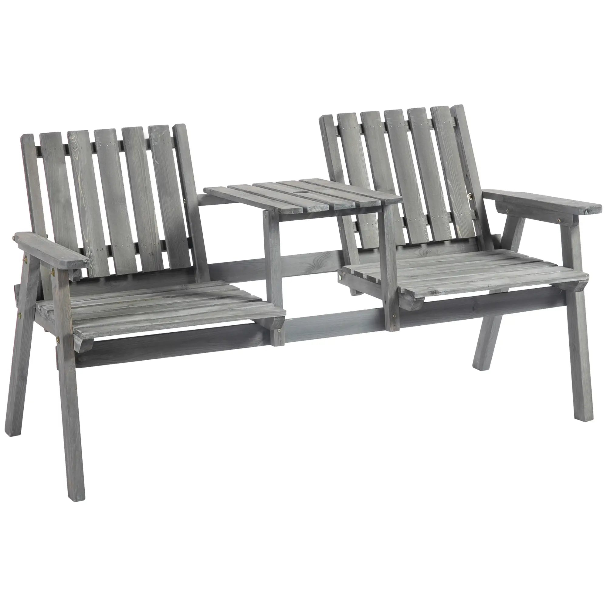 2-Seater Outdoor Bench with Table, Wooden Garden Bench, Grey Outdoor Benches at Gallery Canada