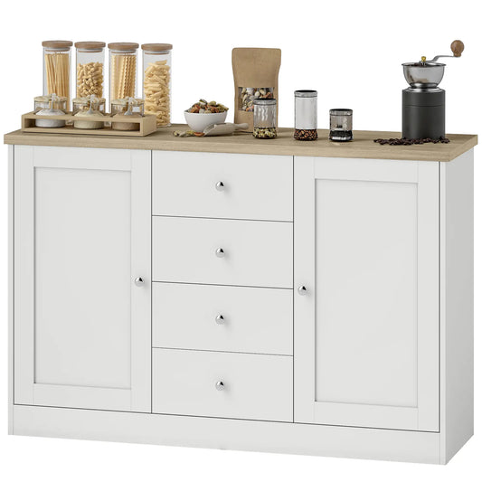 Country Style Sideboard Buffet, Coffee Bar Cabinet, Adjustable Shelf, 2 Shaker Doors, 4 Drawers, White Bar Cabinets White, Oak at Gallery Canada