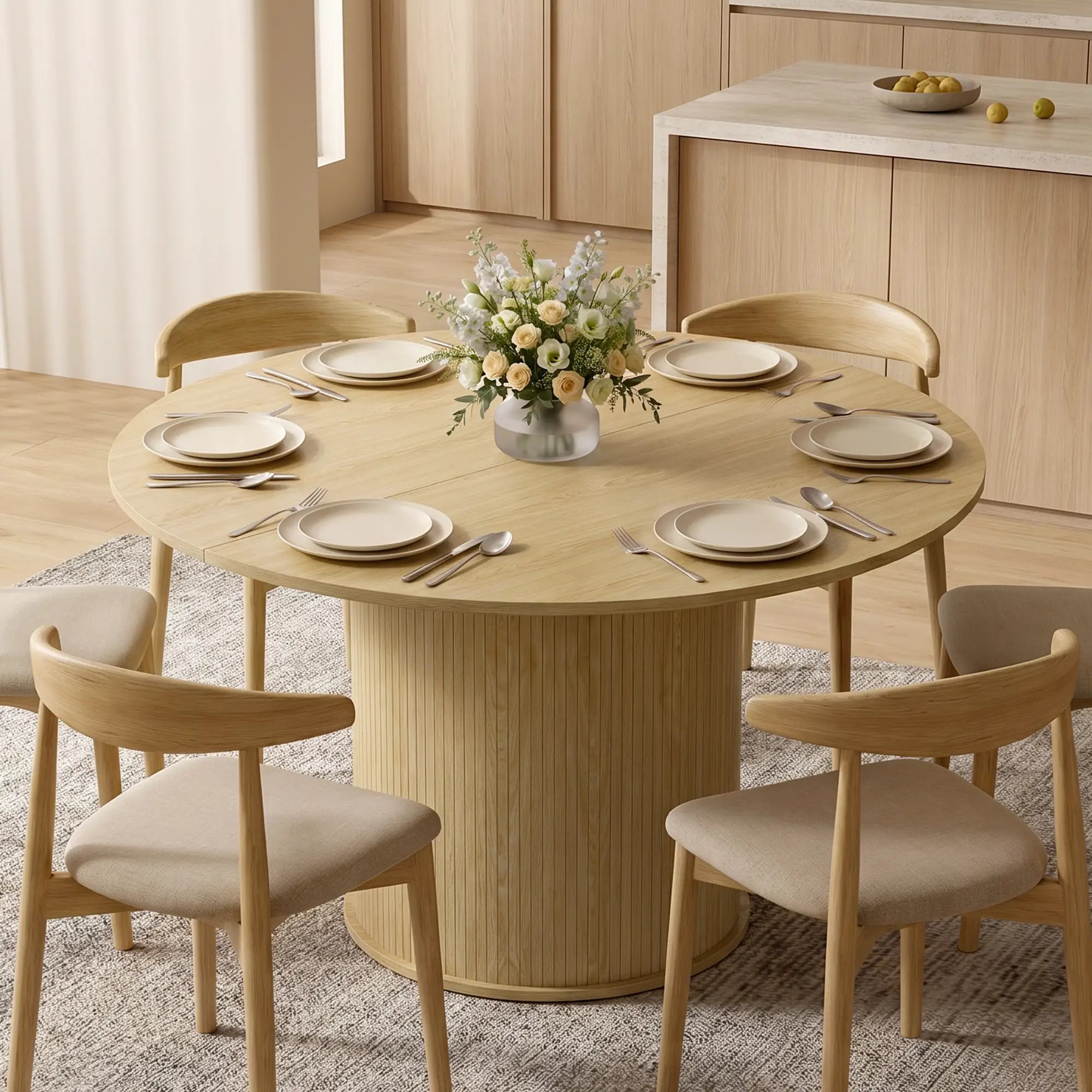 Round Dining Table For 5, 47 Inch, Fluted Pedestal Base, Natural Dining Tables at Gallery Canada