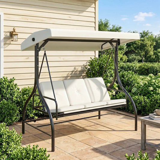 Convertible Patio Swing Bed with Canopy, 3 Seater, White Porch Swings with Canopy Cream White and Black at Gallery Canada