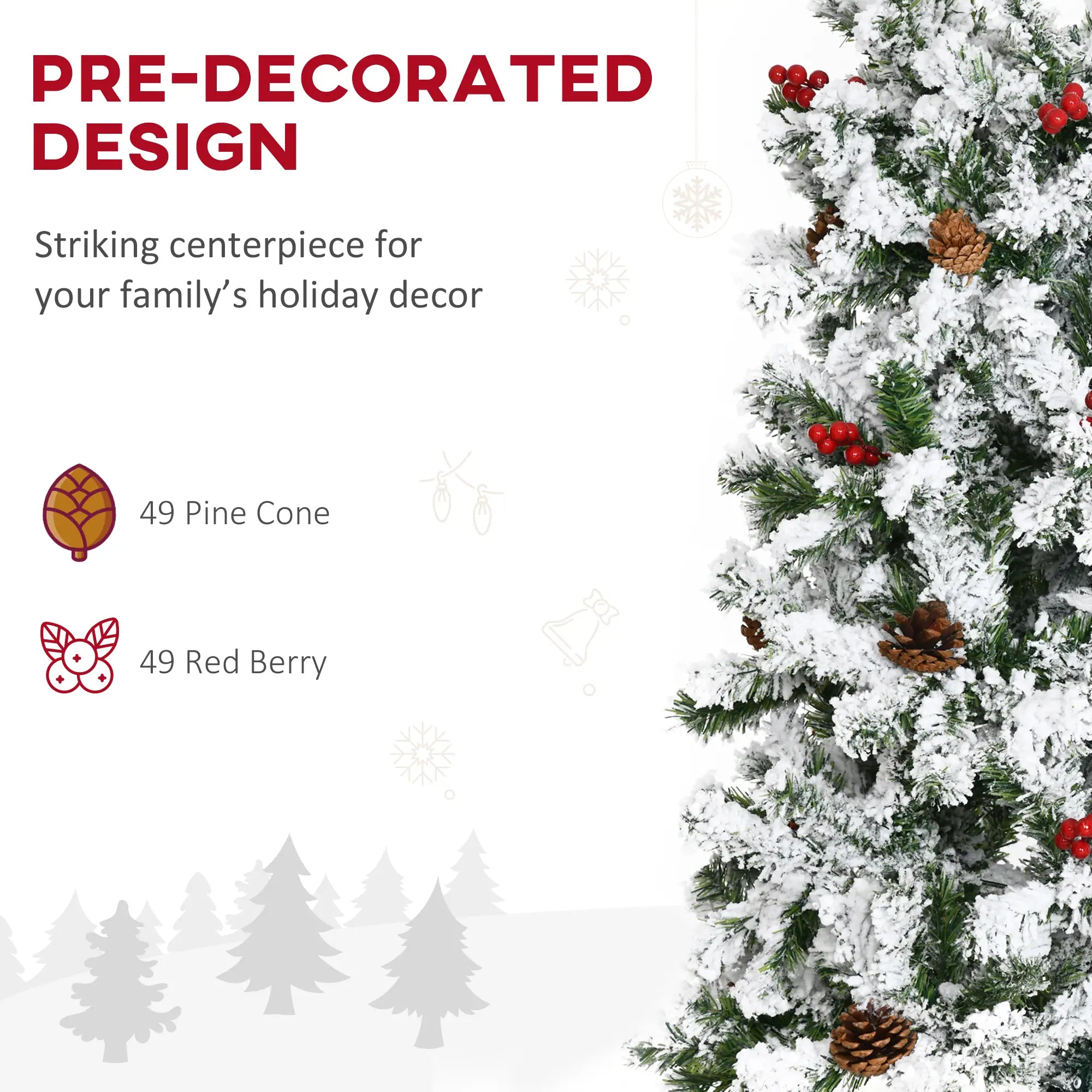 9-Foot Pencil Snow Flocked Artificial Christmas Tree, 1350 Pine Branches, Pine Cones, Red Berries, Auto Open, Green Pencil Christmas Trees at Gallery Canada