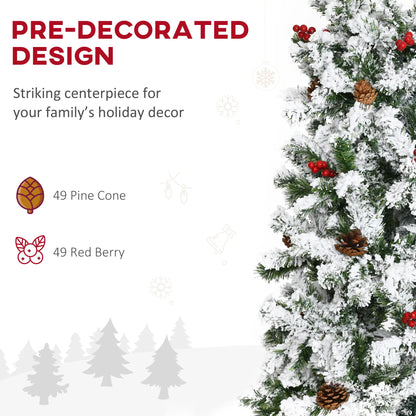 9-Foot Pencil Snow Flocked Artificial Christmas Tree, 1350 Pine Branches, Pine Cones, Red Berries, Auto Open, Green Pencil Christmas Trees at Gallery Canada