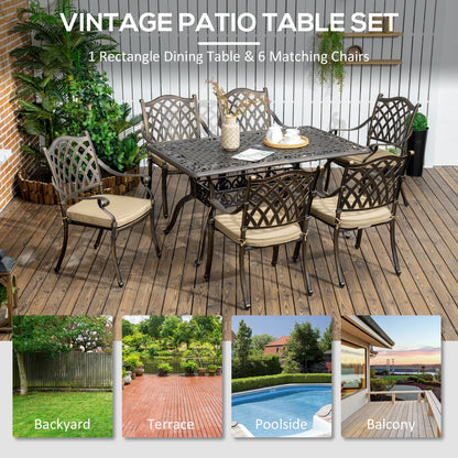 7-Piece Patio Dining Set, Cast Aluminum, 6 Cushioned Chairs, Rectangle Table, Khaki Bistro Sets at Gallery Canada