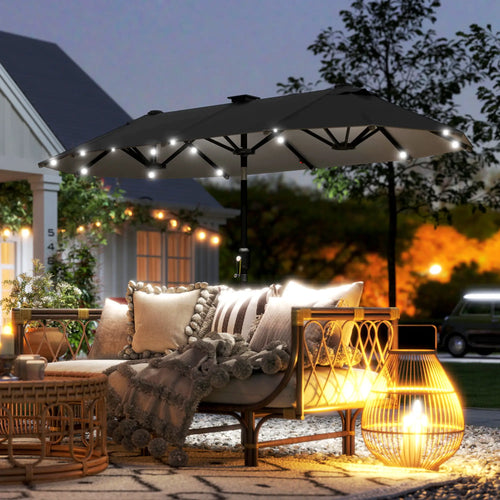 10ft Double-Sided Patio Umbrella, 35 LED Lights, 12 Ribs, Dark Grey