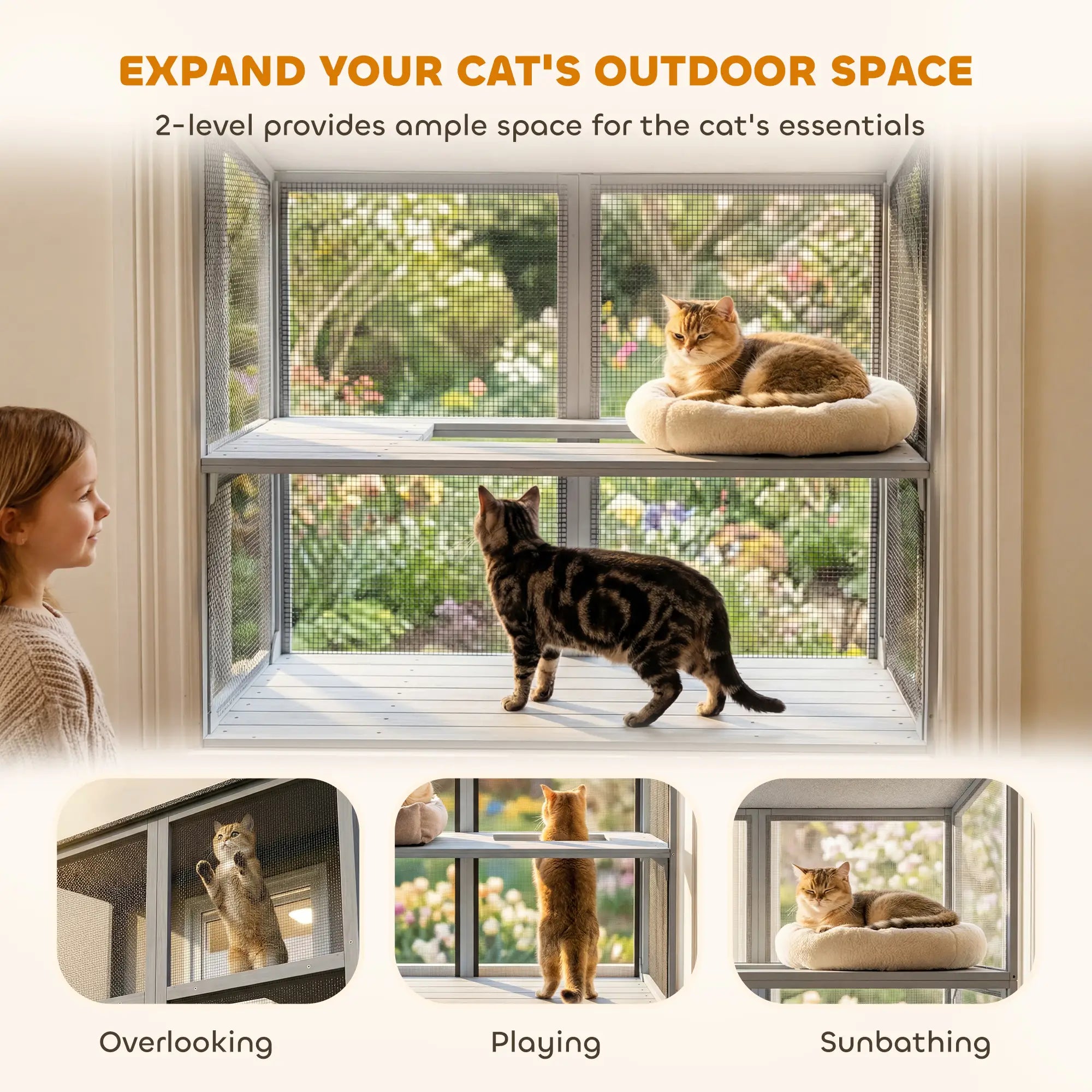 Outdoor Cat Enclosure, Wall-Mounted 2-Level, Waterproof Roof, 39.4