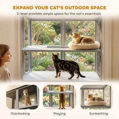 Outdoor Cat Enclosure, Wall-Mounted 2-Level, Waterproof Roof, 39.4", Grey Outdoor Cat Enclosures at Gallery Canada