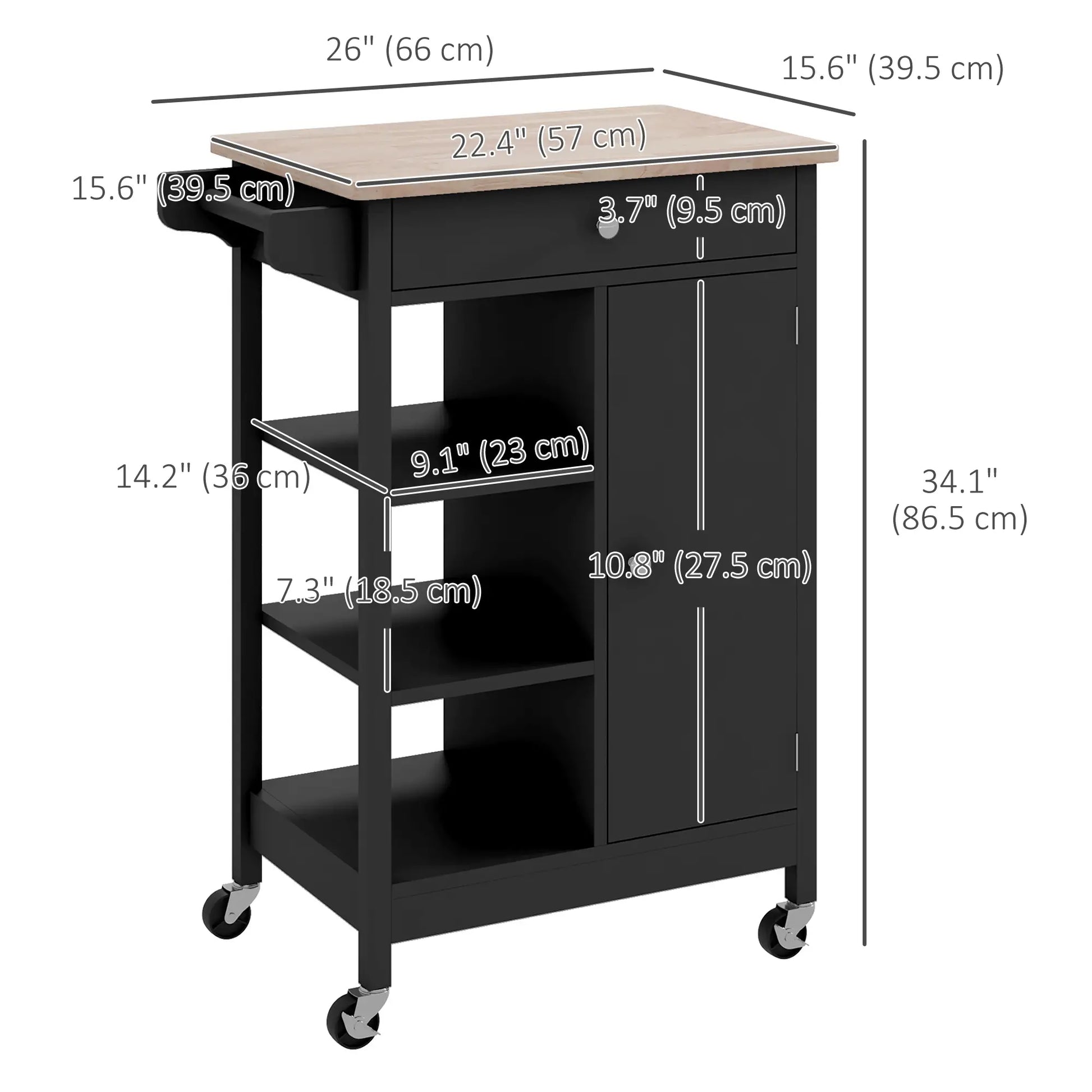 Modern Rolling Kitchen Island Cart, Natural Wood Top, Black Kitchen Islands & Kitchen Carts at Gallery Canada