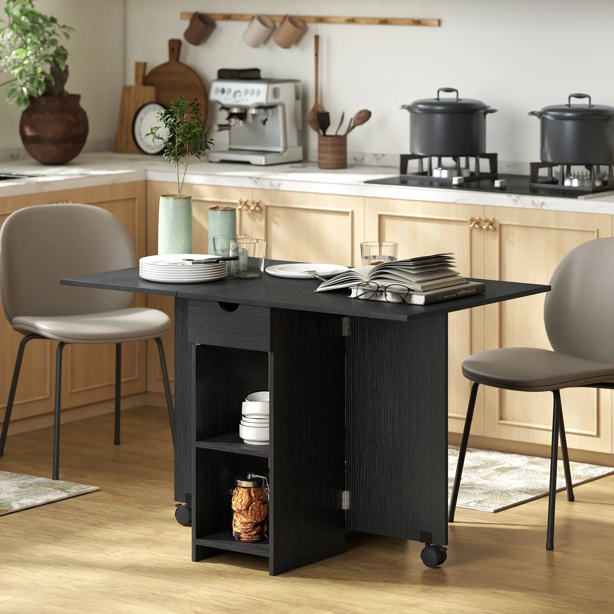 Folding Drop Leaf Kitchen Table with Drawer and Shelves, Black Dining Tables at Gallery Canada