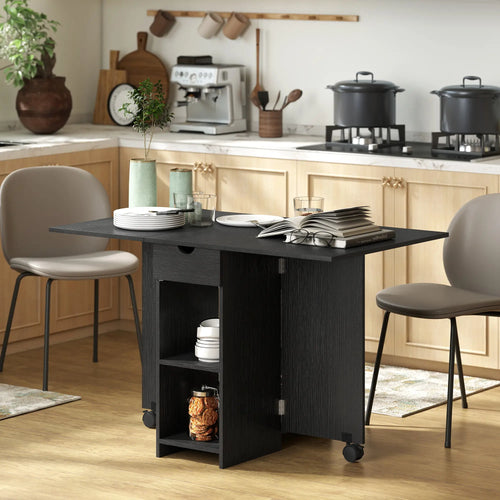 Folding Drop Leaf Kitchen Table with Drawer and Shelves, Black