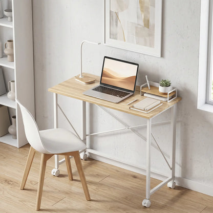 31.5" Folding Desk With Wheels, Home Office Desk, Natural Wood, Natural Wood