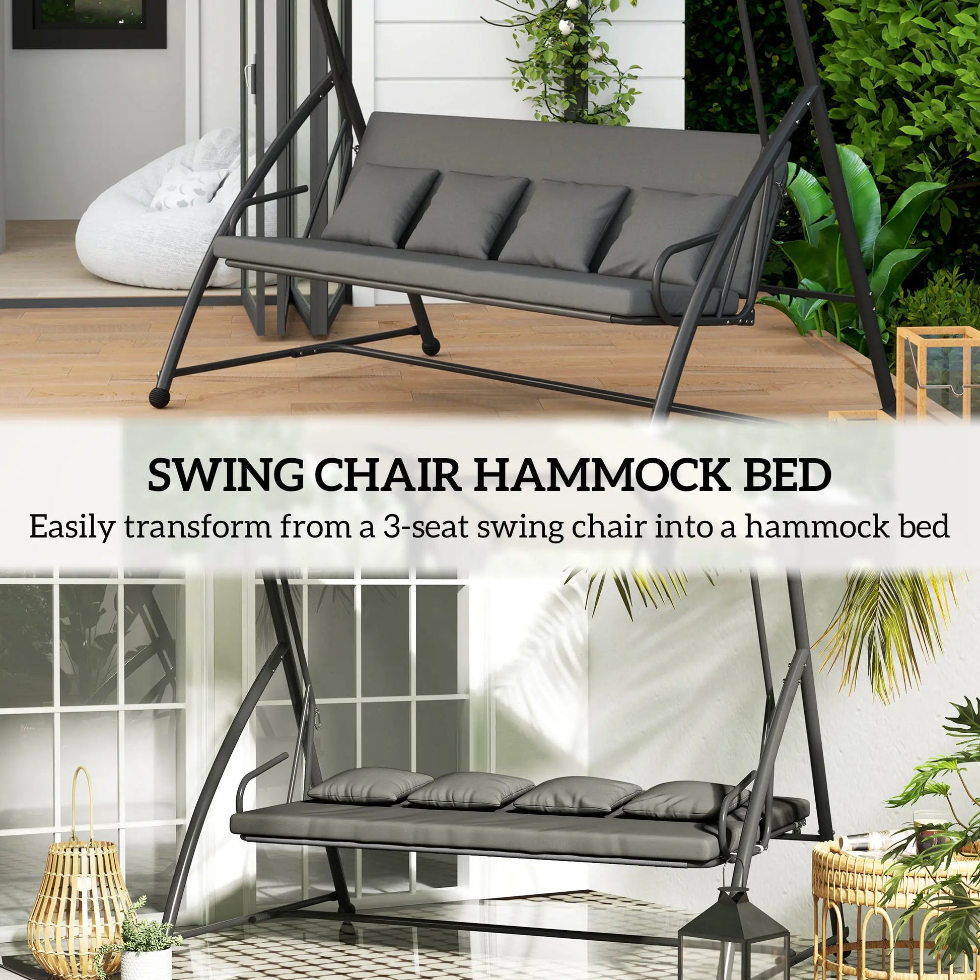 3 Person Patio Swing Chair, Convertible Hammock, Outdoor Lounge Bed, Dark Grey Porch Swings with Canopy at Gallery Canada