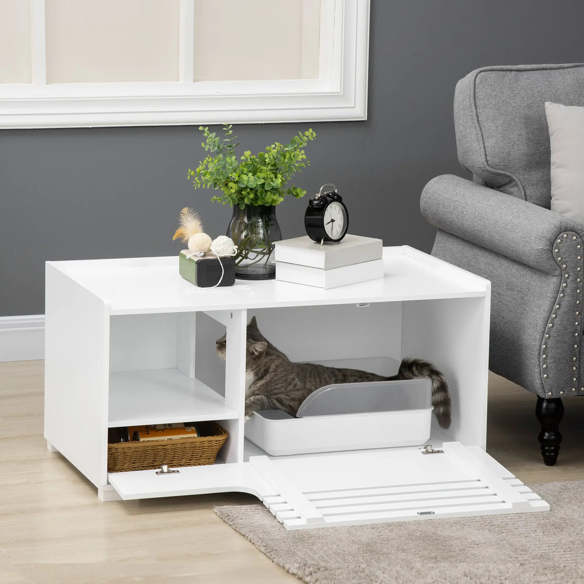 Hidden Cat Litter Box Furniture, With Storage and Side Table, White Cat Litter Box Enclosures at Gallery Canada
