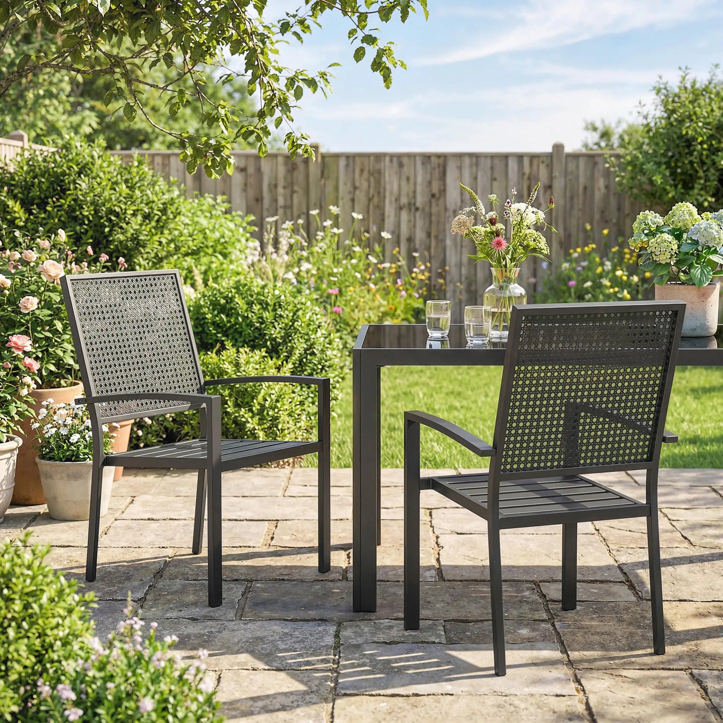 Stackable Patio Chairs Set Of 2, Outdoor Dining Chairs, Black