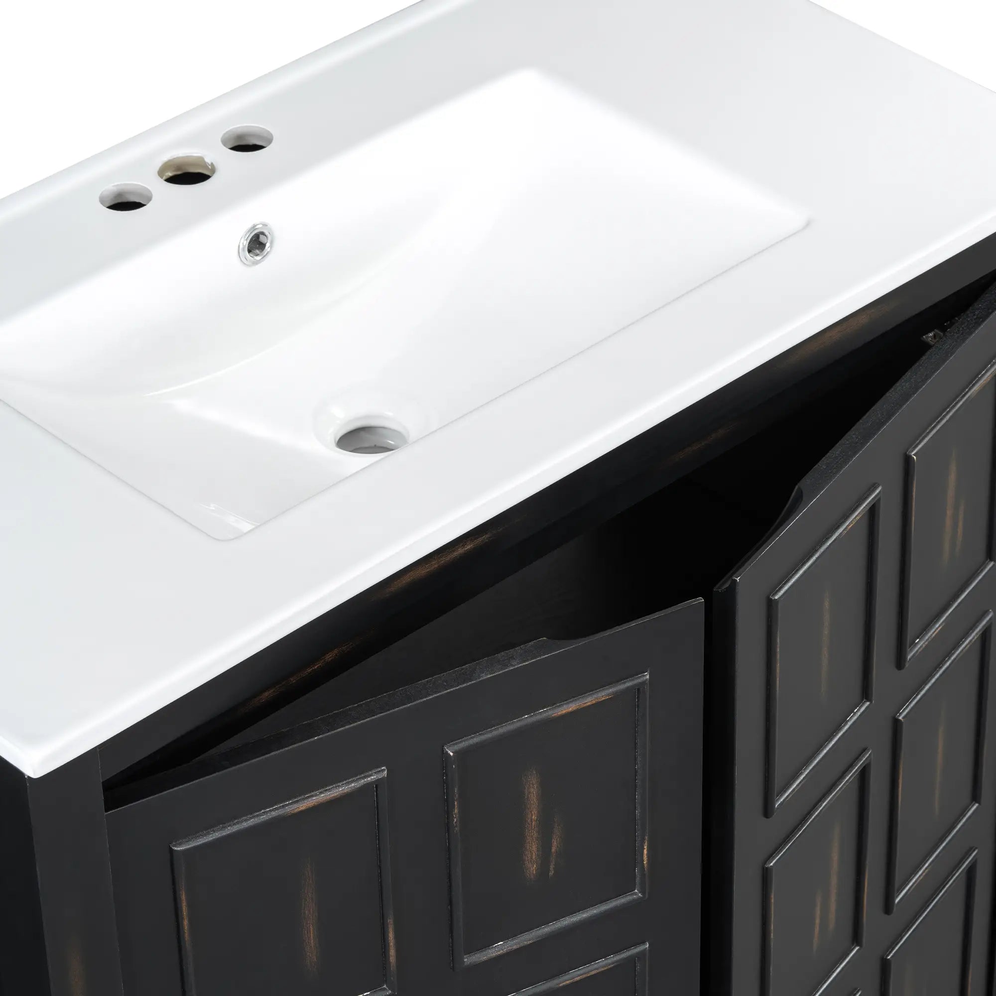 Solid Wood Bathroom Vanity, Ceramic Sink, Storage Cabinet, 36