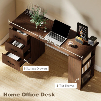 55 Inch Computer Desk, 3-Tier Shelves, 3 Reversible Drawers, Walnut Computer Desks at Gallery Canada