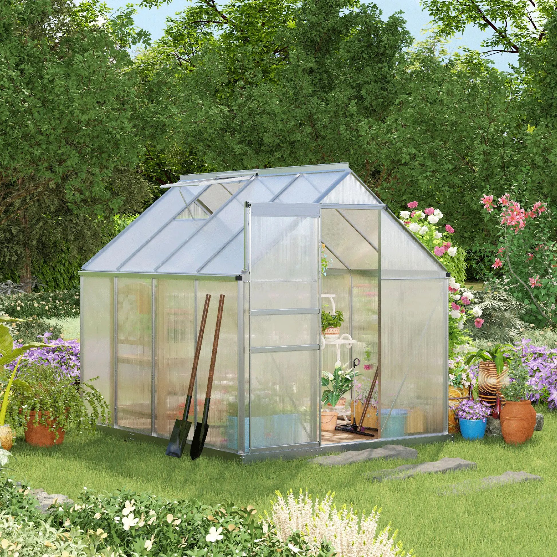 6' x 8' x 6.5' Walk-in Greenhouse, Polycarbonate, Adjustable Roof Vent, Sliding Door, Clear Walk In Greenhouses at Gallery Canada