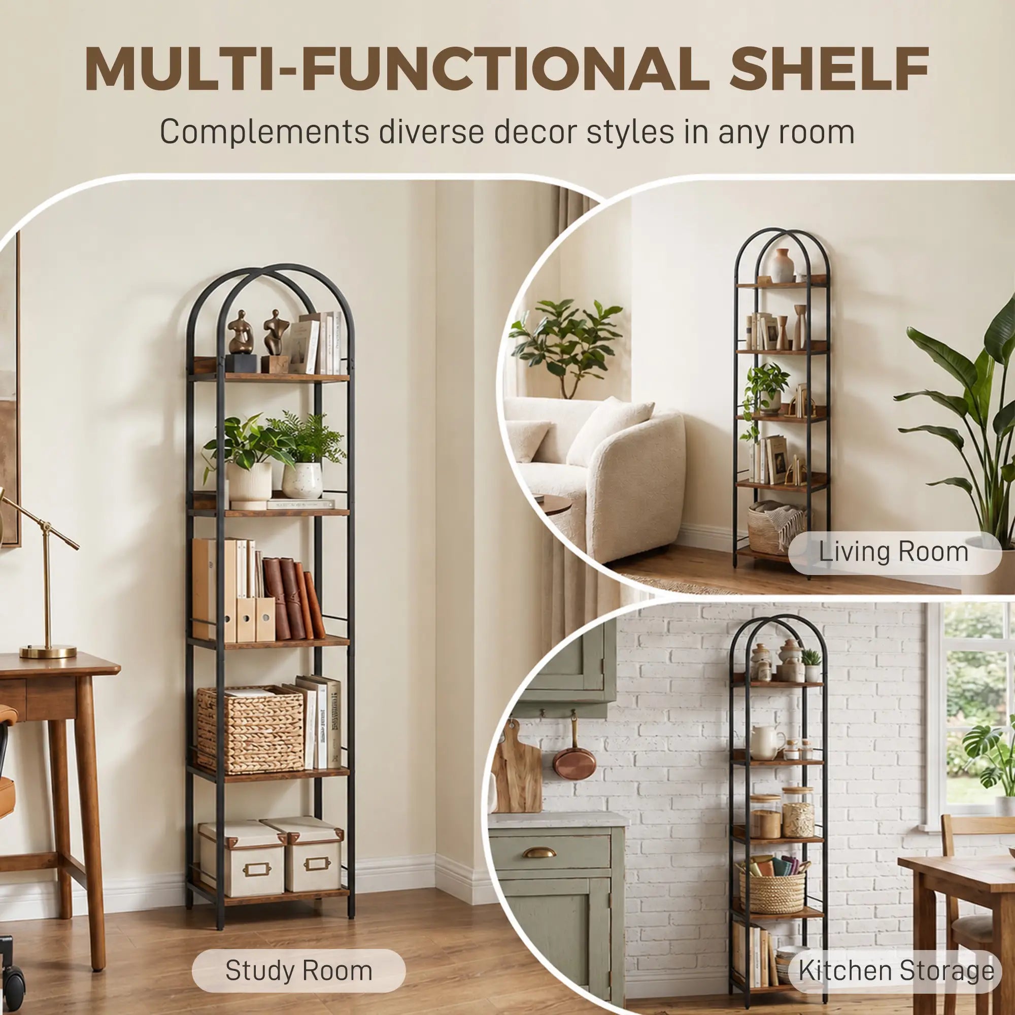 Bookshelf 5 Tier Arched Bookcase, 69.5