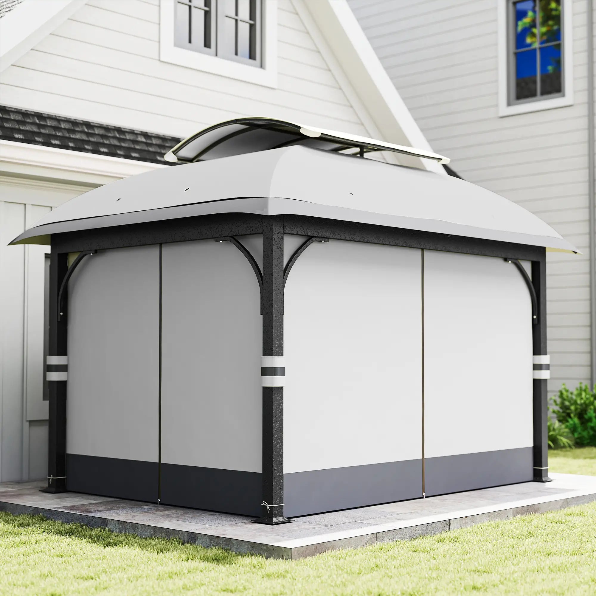 11' x 13' Patio Gazebo, Double Roof Canopy with Netting, Light Grey Gazebos at Gallery Canada
