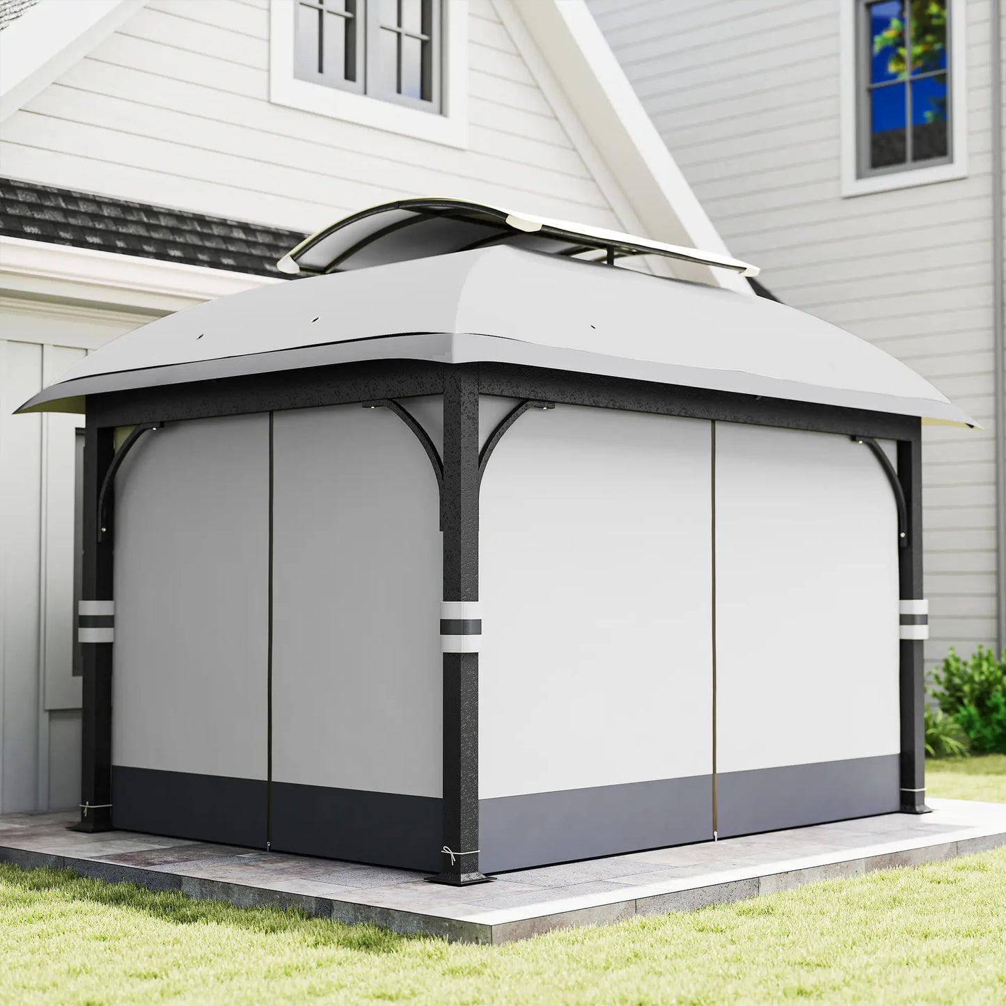 11' x 13' Patio Gazebo, Double Roof Canopy with Netting, Light Grey Gazebos at Gallery Canada