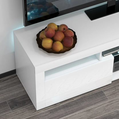 Support TV Moderne avec Rangement, Lumières LED, 55", Haute brillance, Blanc