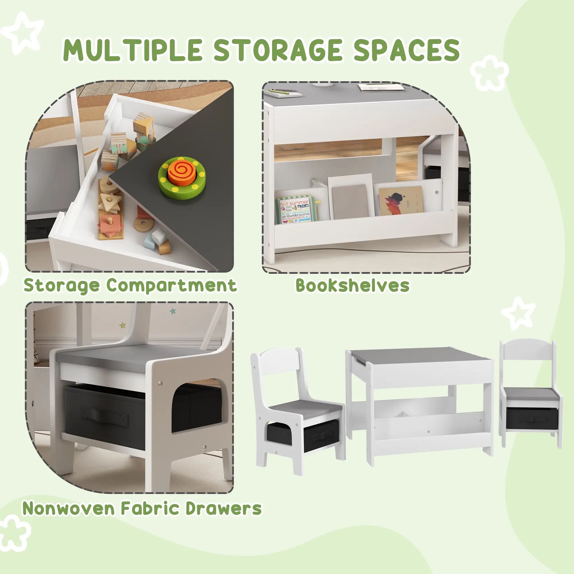 3 Piece Kids Table and Chair Set, Reversible Tabletop, Blackboard, Storage, Grey Kids Table Sets at Gallery Canada