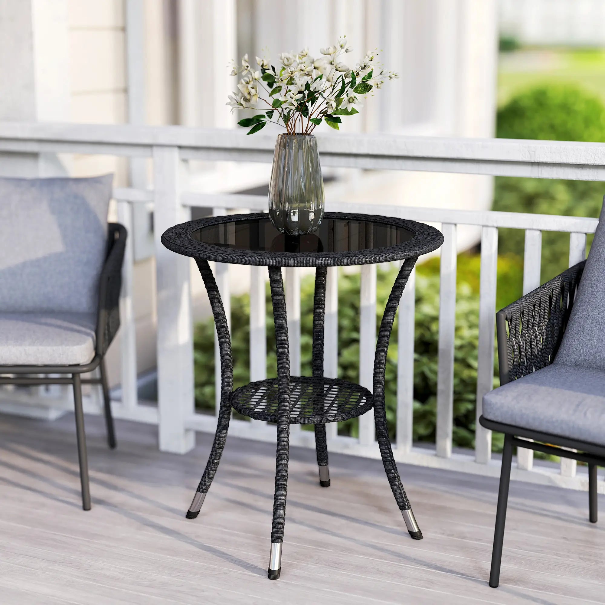 Outdoor Rattan Dining Table, Round Coffee Table with 2-Tier Shelf, Black Patio Dinning Tables at Gallery Canada