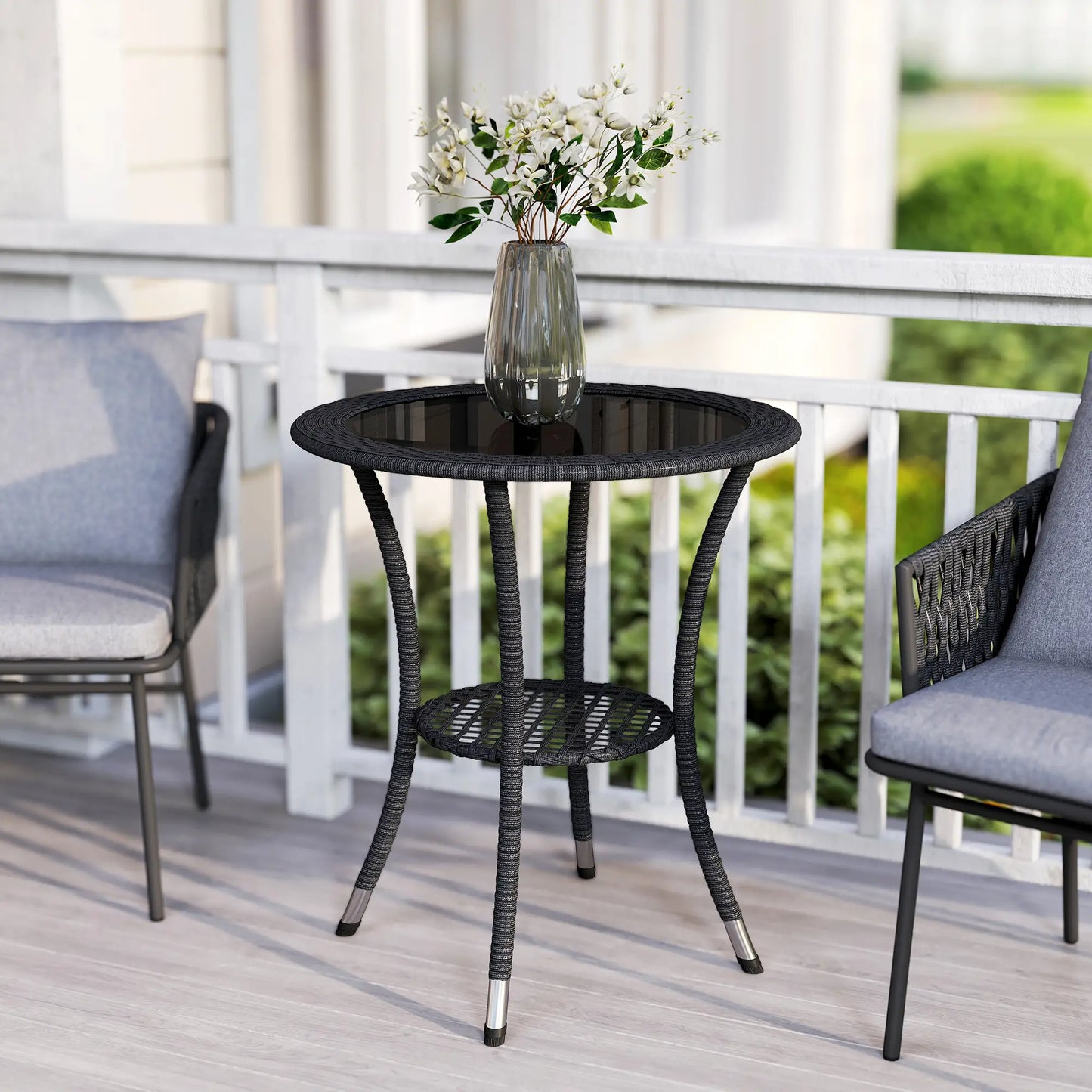 Outdoor Rattan Dining Table, Round Coffee Table with 2-Tier Shelf, Black Patio Dinning Tables at Gallery Canada