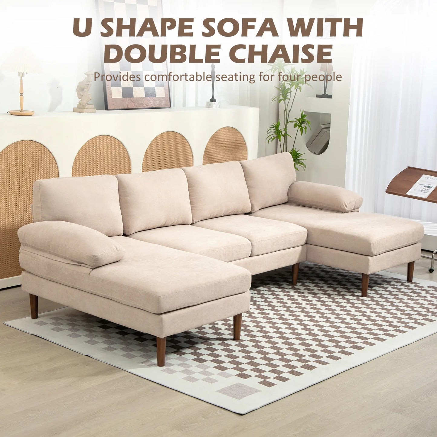 U Shape Couch, Double Chaise Lounge, 4 Seater Sofa, Wooden Legs, Beige Sofas & Reclining Chairs at Gallery Canada