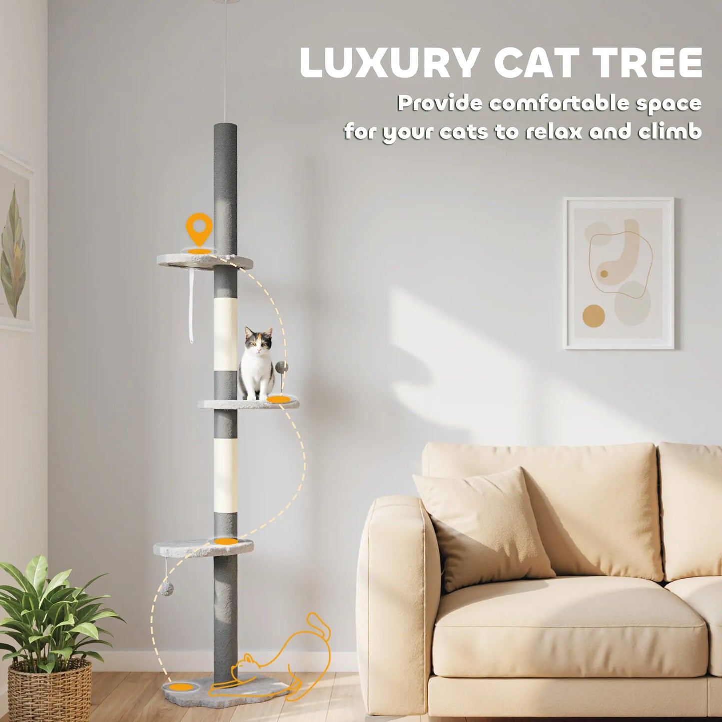 88.5"-100.5" Floor to Ceiling Cat Tree, Scratching Posts, Cloud Platforms, Dangling Balls, Grey Floor to Ceiling Cat Trees at Gallery Canada