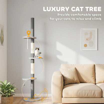 88.5"-100.5" Floor to Ceiling Cat Tree, Scratching Posts, Cloud Platforms, Dangling Balls, Grey Floor to Ceiling Cat Trees at Gallery Canada