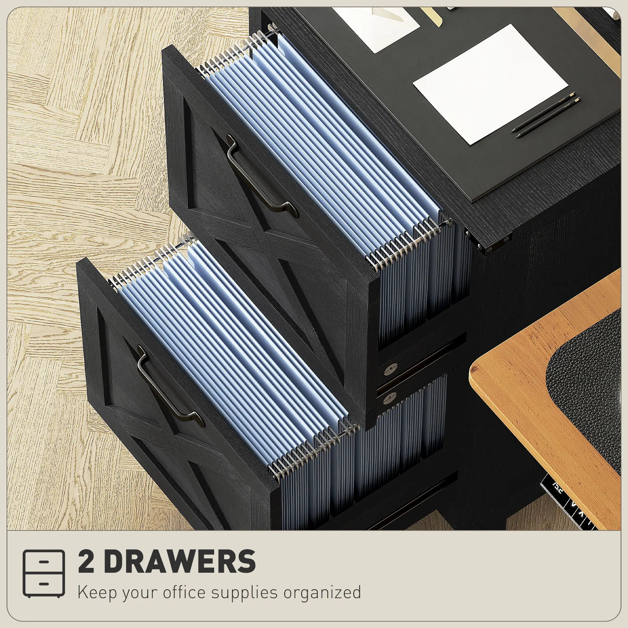 Vertical 2-Drawer Filing Cabinet, Rustic Farmhouse, A4 Letter Size, Distressed Black, Black Office Cabinets & Cupboards at Gallery Canada