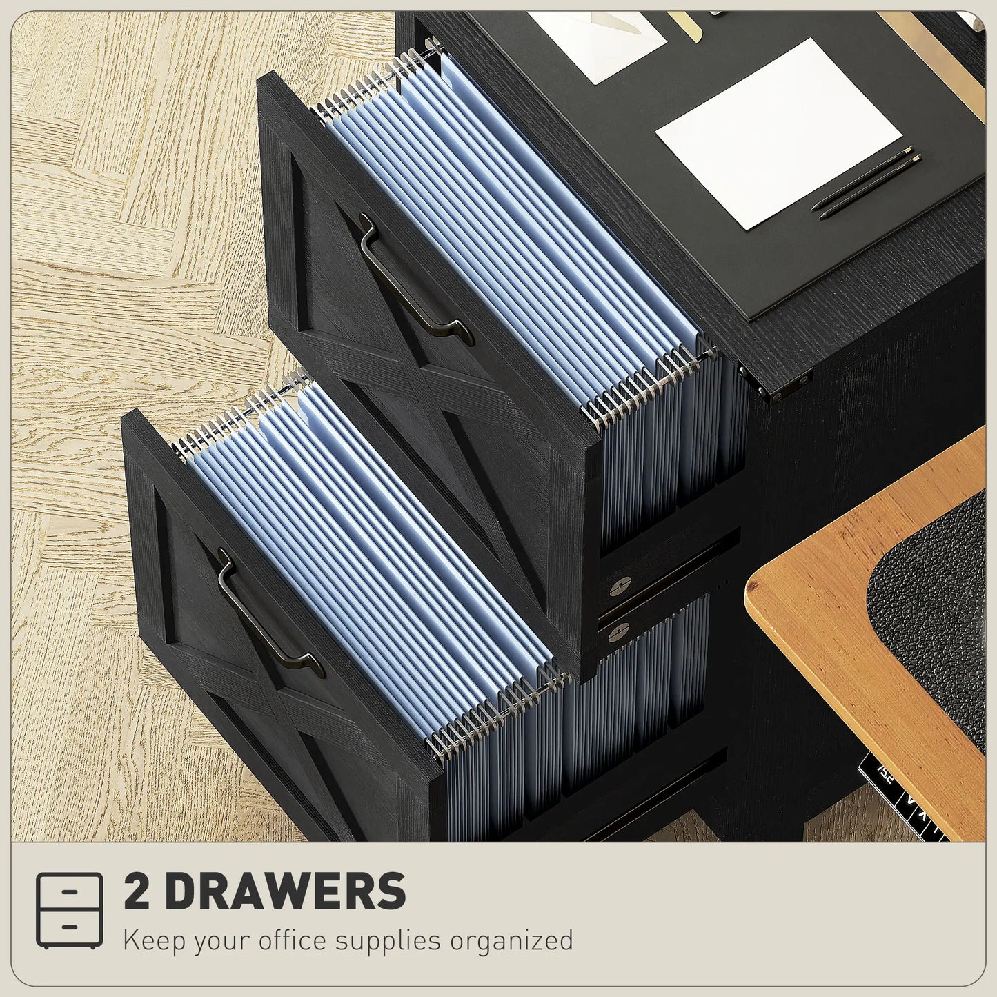 Vertical 2-Drawer Filing Cabinet, Rustic Farmhouse, A4 Letter Size, Distressed Black, Black Office Cabinets & Cupboards at Gallery Canada