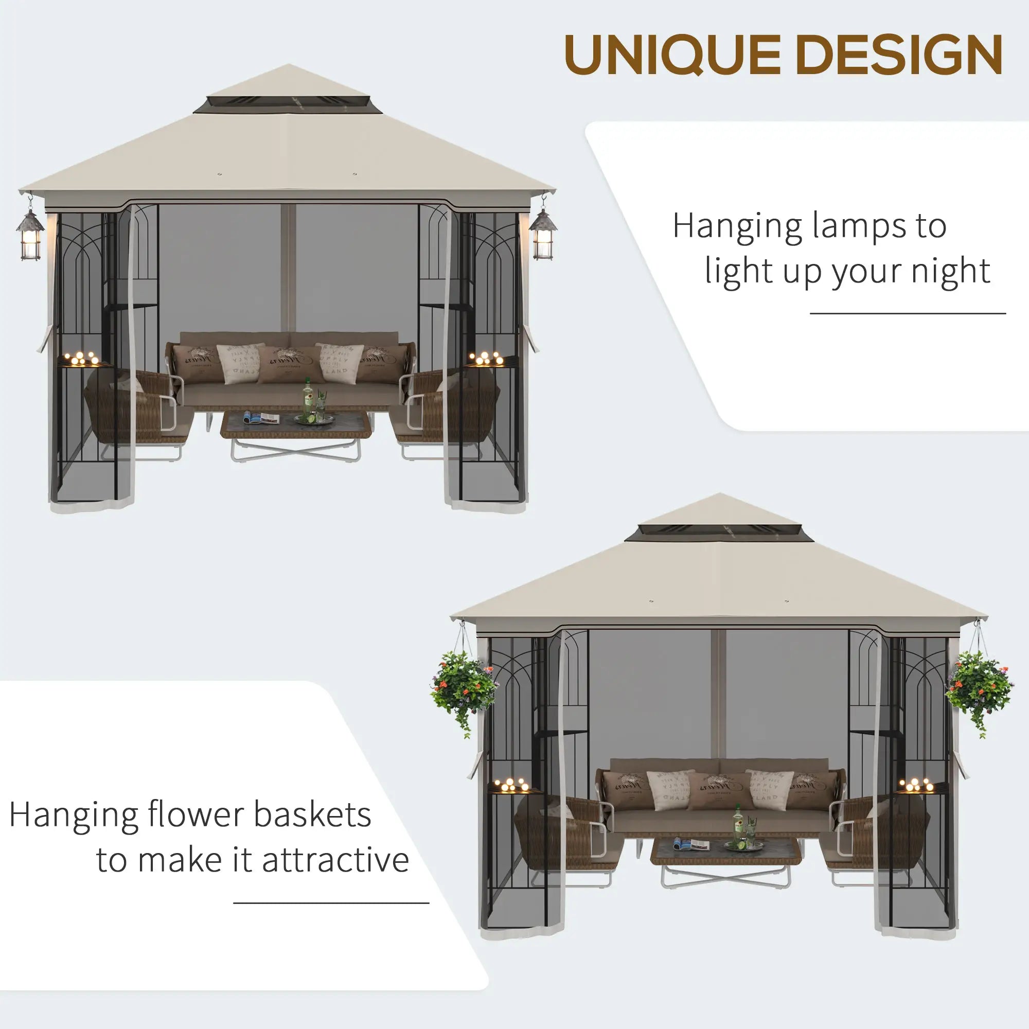 10'x10' Soft-Top Gazebo, Double Tier Roof, Mesh Curtains, Beige Gazebos at Gallery Canada