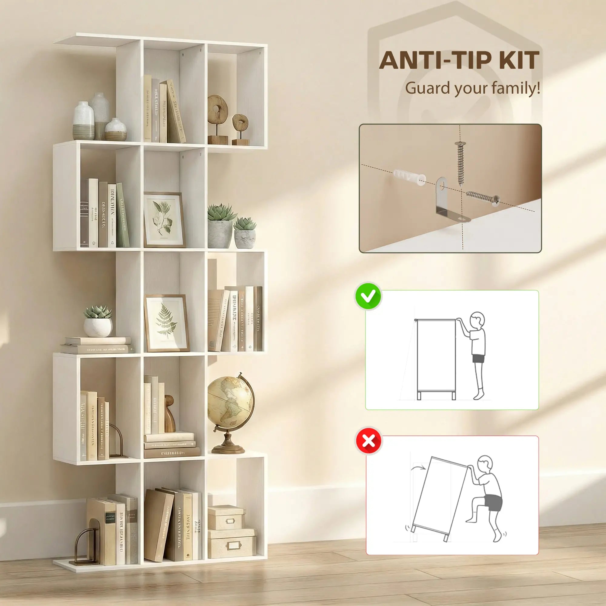 5-Tier Bookshelf, S Shaped Geometric Bookcase, White Wood Grain, White Display Bookshelves at Gallery Canada